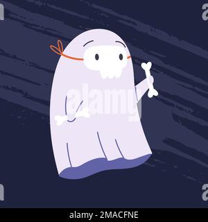 Personaggio fantasma di Halloween in costume scheletrico. Spaventoso fantasma spettrale di Halloween. Adorabile spirito magico. Illustrazione del vettore piatto infantile Illustrazione Vettoriale