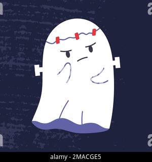 Cute fantasma di Halloween frankenstein. Triste fantasma spooky con il viso per le vacanze di ottobre. Personaggio spettrale Kawaii. Illustrazione del vettore piatto infantile Illustrazione Vettoriale