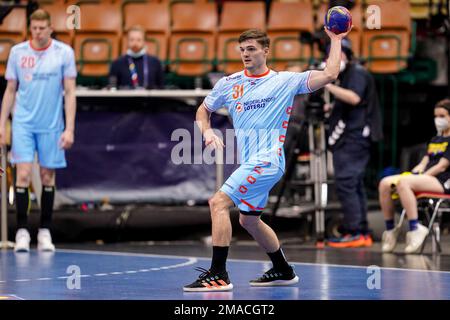 Katowice, Polonia. 19th Jan, 2023. KATOWICE, POLONIA - Gennaio 19: Kay Smits dei Paesi Bassi durante il Campionato Mondiale IHF Men's - Main Round Group III match tra Qatar e Paesi Bassi alla Spodek Hall il 19 Gennaio 2023 a Katowice, Polonia (Foto di Henk Seppen/Orange Pictures) Credit: Orange Pics BV/Alamy Live News Foto Stock