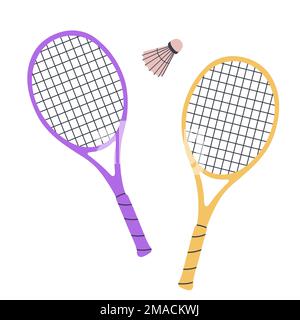 Due racchette da badminton e un shuttlecock. Illustrazione del vettore piatto isolata su sfondo bianco Illustrazione Vettoriale