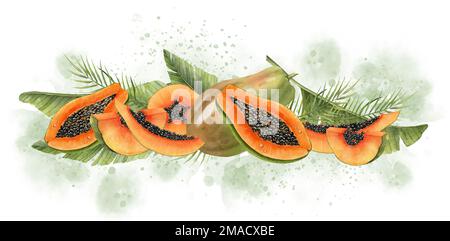 Papaya frutta e foglie di palma verde con abstract spruzzi di acquerello. Illustrazione disegnata a mano di piante tropicali esotiche su sfondo isolato. Composizione orizzontale con alimenti succosi di colore arancio. Foto Stock