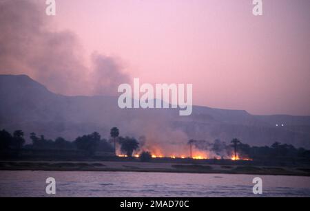 Nilo Egitto paglia stoppie Burning dopo raccolto a crepuscolo sulle rive del fiume Foto Stock