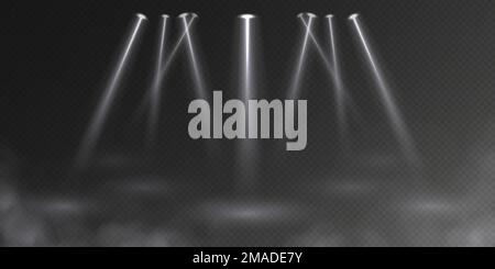 Faretti da palco con fumo, effetto luce, concetto di sala da ballo. Illustrazione Vettoriale