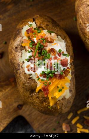 Patate fatte in casa con pancetta Cheddar e panna acida Foto Stock