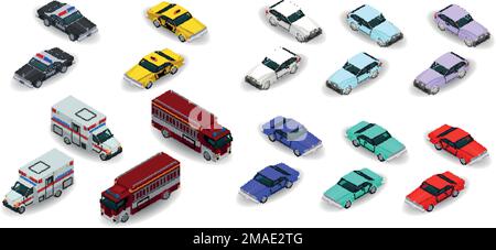 3d icone di polizia isometrica, taxi, ambulanza, camion dei vigili del fuoco, auto urbane. Illustrazione isolata su sfondo bianco Illustrazione Vettoriale