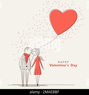 Caroon carino coppia in amore con cuore forma Balloon, Doodle stile. Illustrazione vettoriale, Freeting Card. Nero, bianco e rosso. Coppia baciata Illustrazione Vettoriale