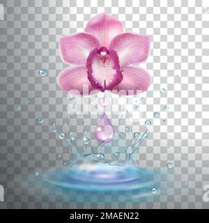 fiore di orchidea con una goccia di olio aromatico e un tuffo di acqua rinfrescante su uno sfondo trasparente Illustrazione Vettoriale