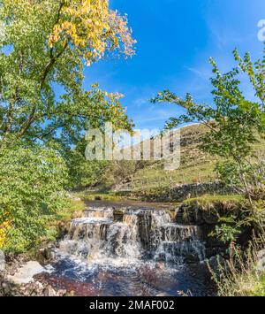 Ettersgill Beck gonfio da forti precipitazioni un paio di giorni prima porta questa cascata di nuovo alla vita in forte sole d'autunno. Foto Stock