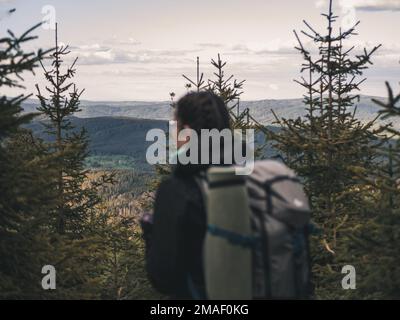 Giovane donna caucasica escursioni con uno zaino attraverso un paesaggio forestale. Foto Stock
