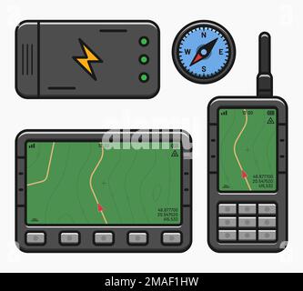 sistema di navigazione gps portatile bussola batteria set sfondo isolato vettoriale piatto illustrazione Illustrazione Vettoriale