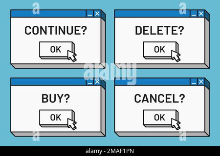 finestra desktop app conferma pulsante azione disegno vettoriale stile cartone animato disegno piano Illustrazione Vettoriale