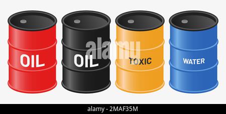 immagine isometrica realistica del set vettoriale piatto per petrolio, rifiuti tossici e barile di acqua Illustrazione Vettoriale