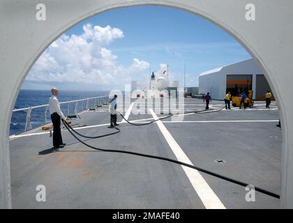 060512-N-2832L-022. [Complete] Scene Caption: A bordo del ponte di volo della Marina militare degli Stati Uniti (USN) Military Sealift Command (MSC), Hospital Ship, USNS MERCY (T-AH 19), i marinai USN assegnati al Dipartimento dell'aria pratica operazioni di ponte di volo prima che Mercy's Air Wing, l'isola dei Cavalieri dell'elicottero Sea Combat Squadron Two Five (HSC-25), venga a bordo. La MISERICORDIA degli Stati Uniti è attualmente in corso nell'Oceano Pacifico, conducendo uno schieramento programmato di cinque mesi per fornire aiuti e assistenza umanitaria alle isole del Pacifico, e nell'Asia sudorientale.2006) il dipartimento aereo a bordo del comando militare di Sealift (M Foto Stock