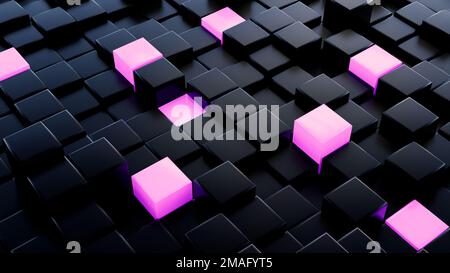 Cubi abstract neri 3D con cubi rosa incandescente sfondo Illustrazione Foto Stock