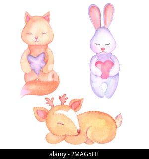 Set acquerello di giocattoli per bambini addormentati, coniglietto, volpe e cari. Può essere usato per l'acquazzone del bambino, con fondo isolato bianco. Foto Stock