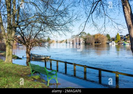 Inondazioni sul Tamigi sul Tamigi Path, Old Windsor, Berkshire, Inghilterra, Regno Unito Foto Stock