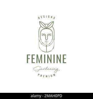 bellezza femminile viso ragazza hijab e natura foglie stile logo design icona modello illustrazione Illustrazione Vettoriale