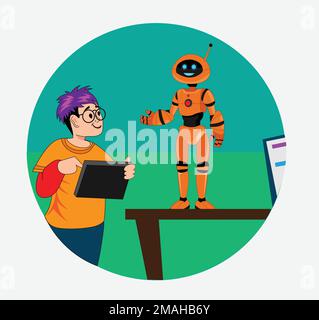 Illustrazione vettoriale piatta per bambini robotica con sfondo Illustrazione Vettoriale