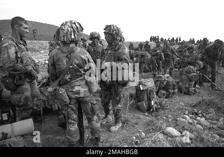 I membri della 7th° Divisione di Fanteria dell'Esercito (Light) si preparano a passare al loro prossimo obiettivo durante l'esercizio combinato della squadra Spirit '90 della Corea del Sud/USA. Subject Operation/Series: TEAM SPIRIT 90 Nazione: Repubblica di Corea (KOR) Foto Stock