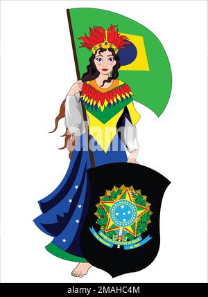 Ragazza del Brasile che tiene bandiera e illustrazione del vettore dello scudo Illustrazione Vettoriale