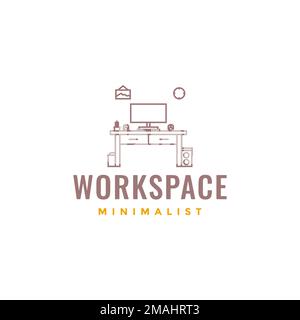 workspace home computer tavolo legno minimalista moderno logo disegno vettoriale icona modello di illustrazione Illustrazione Vettoriale