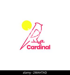 uccello cardinale arroccato su ramo albero e sole linea astratta arte minimal logo disegno vettore icona modello di illustrazione Illustrazione Vettoriale