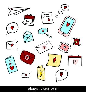 Doodle amore messaggi con cuori rossi set. Lettera disegnata a mano, bolla vocale, telefono, adesivo isolato su sfondo bianco. Segno di comunicazione, chatti Illustrazione Vettoriale