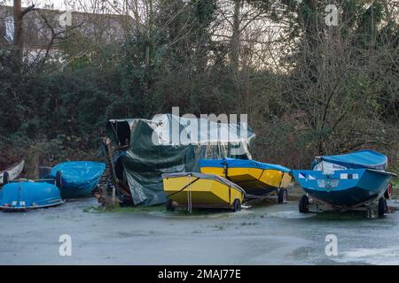 Wargrave, Berkshire, Regno Unito. 19th gennaio 2023. I campi intorno all'Henley Sailing Club di Wargrave sono allagati e l'acqua si è congelata. Si prevede che le temperature di congelamento continueranno fino alla prossima settimana. Credit: Maureen McLean/Alamy Live News Foto Stock