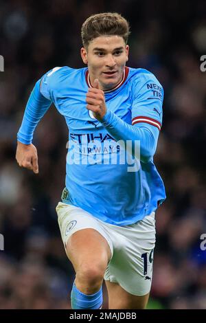 Manchester, Regno Unito. 19th Jan, 2023. Julián Álvarez #19 di Manchester City durante la partita della Premier League Manchester City vs Tottenham Hotspur all'Etihad Stadium, Manchester, Regno Unito, 19th gennaio 2023 (Photo by Conor Molloy/News Images) a Manchester, Regno Unito il 1/19/2023. (Foto di Conor Molloy/News Images/Sipa USA) Credit: Sipa USA/Alamy Live News Foto Stock