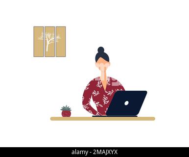 Tutor donna senza volto lavoro su laptop.lavoro remoto, e-learning a distanza o formazione online durante virus Epidemic.Lady trainer o allenatore condotta webinar Illustrazione Vettoriale