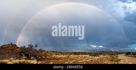 Un doppio arcobaleno completo sotto le nuvole di tempesta. Parco Nazionale delle Cascate di Augrabies. Capo Settentrionale, Sudafrica. Foto Stock