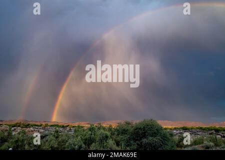 Arcobaleno e nuvole tempesta. Parco Nazionale delle Cascate di Augrabies. Capo Settentrionale, Sudafrica. Foto Stock