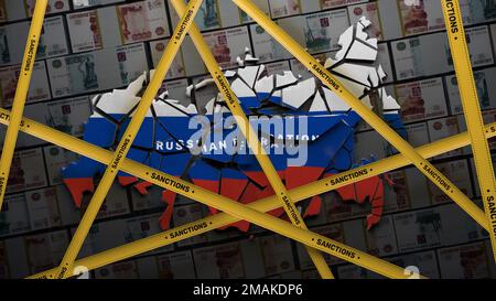 3D rendering della mappa della Russia collassata in diverse parti coperte con nastro giallo. 3D rendere il concetto di sanzioni finanziarie contro gli oligarchi russi di gas e petrolio embargo. Soldi sullo sfondo. Foto Stock