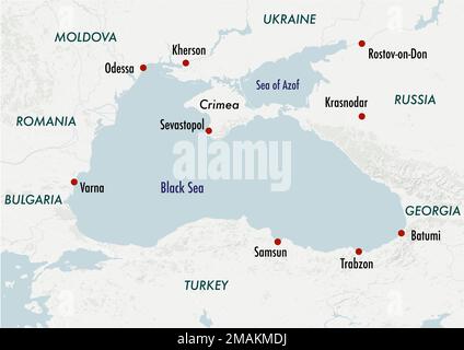 La regione della Crimea in Ucraina con le principali città e i paesi circostanti Foto Stock