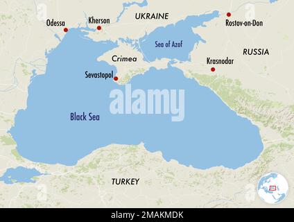 La regione della Crimea in Ucraina con le principali città e i paesi circostanti Foto Stock