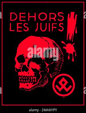 LE ETICHETTE PROPAGANDISTICHE ANTI-EBRAICHE del 1930 emesse dal partito nazista tedesco in Francia Paesi Bassi e Belgio "DEHORS LES JUIFS" "OUT THE JEWS" Antisemitic propaganda stamp con simboli associati al Volksverwering (o Volkswering, difesa del popolo), un'organizzazione nazionalista belga e antiebraica, attiva tra la fine degli anni '1930 e l'inizio degli anni '1940 Testo diretto agli ebrei e immagine di un cranio umano accanto al simbolo dell'organizzazione, una runa di Othala circondata. I nazisti adottarono la runa come simbolo, usandola come insegna per due divisioni delle SS Foto Stock