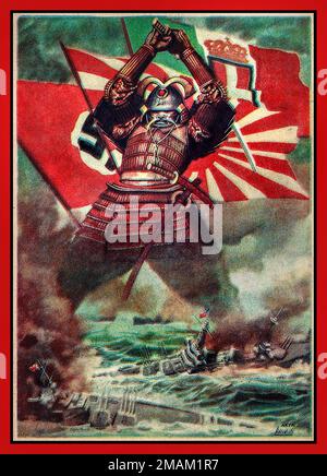 WW2 forze d'asse giapponesi /giapponesi/ tedesche Propaganda nel 1943: Un gigantesco guerriero giapponese Samurai, sostenuto dalle forze d'asse della Germania nazista, dell'Italia e delle bandiere giapponesi, che distruggono le navi da guerra alleate con la spada della seconda guerra mondiale del 1940s Foto Stock