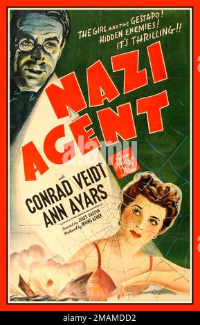 Poster Vintage DELL'AGENTE NAZISTA per il film del WW2 1942 'Agente nazista'. La ragazza e la Gestapo! Nemici nascosti! La seconda guerra mondiale è emozionante!! 'Agente nazista' con Conrad Veidt Ann Ayars Screen Play di Paul Gangelin e John Meehan, Jr. Diretto da Jules Dassin prodotto da Irving Asher A Metro-Goldwyn-Mayer Picture MGM Hollywood USA Foto Stock
