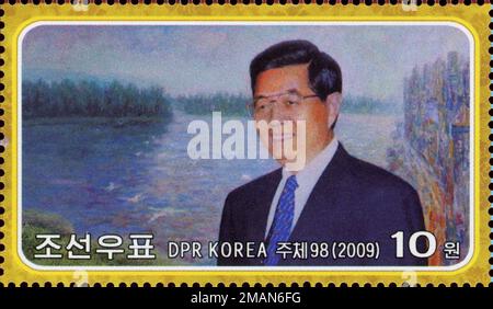 2009 Set di timbri per la Corea del Nord. 60 anni Repubblica popolare Cinese. HU Jintao (nato nel 1942), Presidente (Pittura) Foto Stock