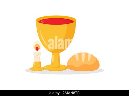 Biglietto di auguri cristiano o banner della settimana Santa prima di Pasqua. Vino, pane e candela. Illustrazione vettoriale Illustrazione Vettoriale