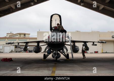 Airman 1st Class Jared Norton, capo equipaggio di 480th Expeditionary Fighter Squadron, conduce le procedure post-volo su un F-16C Fighting Falcon assegnato alla 52nd Fighter Wing, base aerea di Spangdahlem, Germania, dopo essere arrivato alla base aerea di Kadena, Giappone, 16 gennaio 2023. Il Fighting Falcon è rinomato per il suo sistema "fly-by-wire" e per il suo design estremamente flessibile, che consente di eccellere in tutto il mondo in un'ampia gamma di ruoli aria-aria e aria-terra. (STATI UNITI Foto Air Force di Airman 1st Class Tylir Meyer) Foto Stock