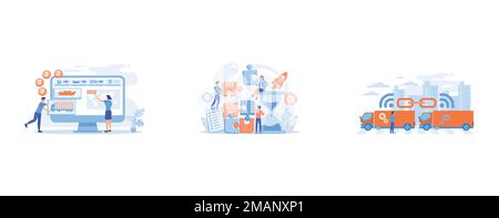 Industria logistica e analisi dei profitti del trasporto, gestione dei progetti, camion collegati al plotone con tecnologie di connettività, set flat vector mod Illustrazione Vettoriale