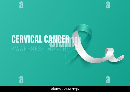 Banner cancro cervicale, scheda, cartellino con Vector 3D Teal realistico e nastro bianco su sfondo Teal. Simbolo del mese di consapevolezza del cancro cervicale Illustrazione Vettoriale