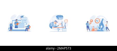 Webinar, lezione su Internet, un uomo d'affari che si sente male con sintomi depressivi, persone piccole, persone piccole scienziati in laboratorio producono farmaci Illustrazione Vettoriale