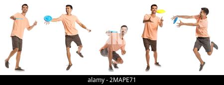 Set di giovane uomo che gioca a frisbee su sfondo bianco Foto Stock