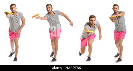 Set di giovane uomo che gioca a frisbee su sfondo bianco Foto Stock