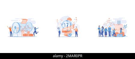 Lucky gente minuscola che gira il tamburo della lotteria con i biglietti e le scatole vincenti del regalo del premio, l'uomo d'affari e i vincitori della donna e le sfere della lotteria del bingo con il numero fortunato Illustrazione Vettoriale