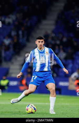 BARCELLONA - 7 GENNAIO: Ruben Sanchez Saez in azione alla partita di LaLiga tra RCD Espanyol e Girona FC allo stadio RCDE il 7 gennaio 2023 a Barce Foto Stock