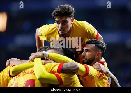 BARCELLONA - 7 GENNAIO: Miguel Gutierrez celebra un gol alla partita di LaLiga tra RCD Espanyol e Girona FC allo stadio RCDE il 7 gennaio 2023 Foto Stock