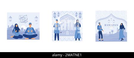 buon concetto di saluto di ramadan mubarak con il carattere della gente per il modello di landing page di web, il banner, la presentazione, i social e i mezzi di stampa, Bella b Illustrazione Vettoriale